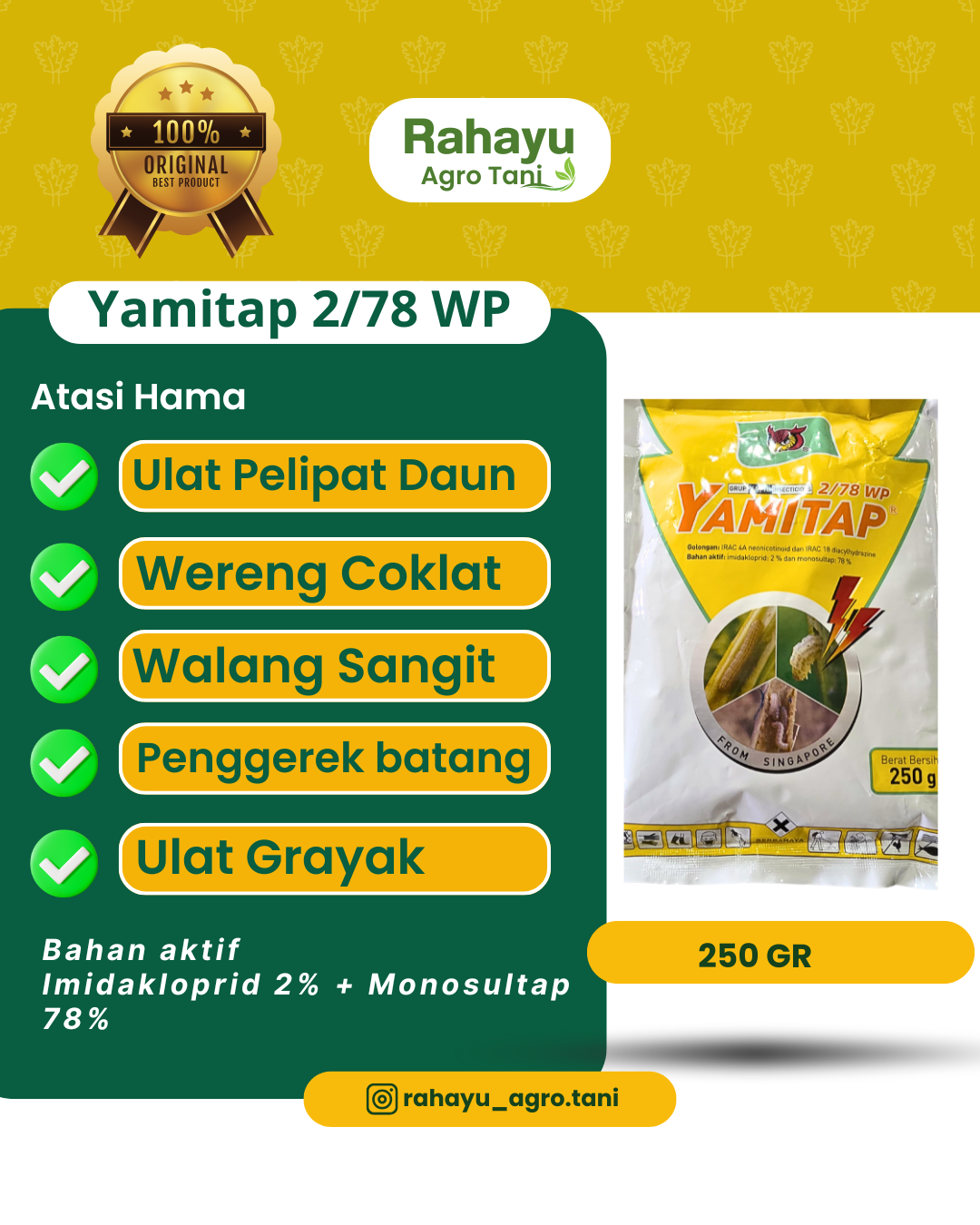 Insektisida Yamitap 2/78 WP 250gr - Bahan Aktif Imidakloprid & Monosultap Pembasmi Wereng & Walang Sangit
