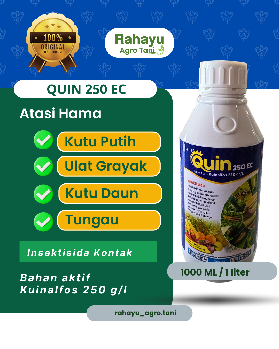 Insektisida Quin 250 EC 1 Liter - Bahan Aktif Kuinalfos Pembasmi Kutu Putih & Ulat Grayak