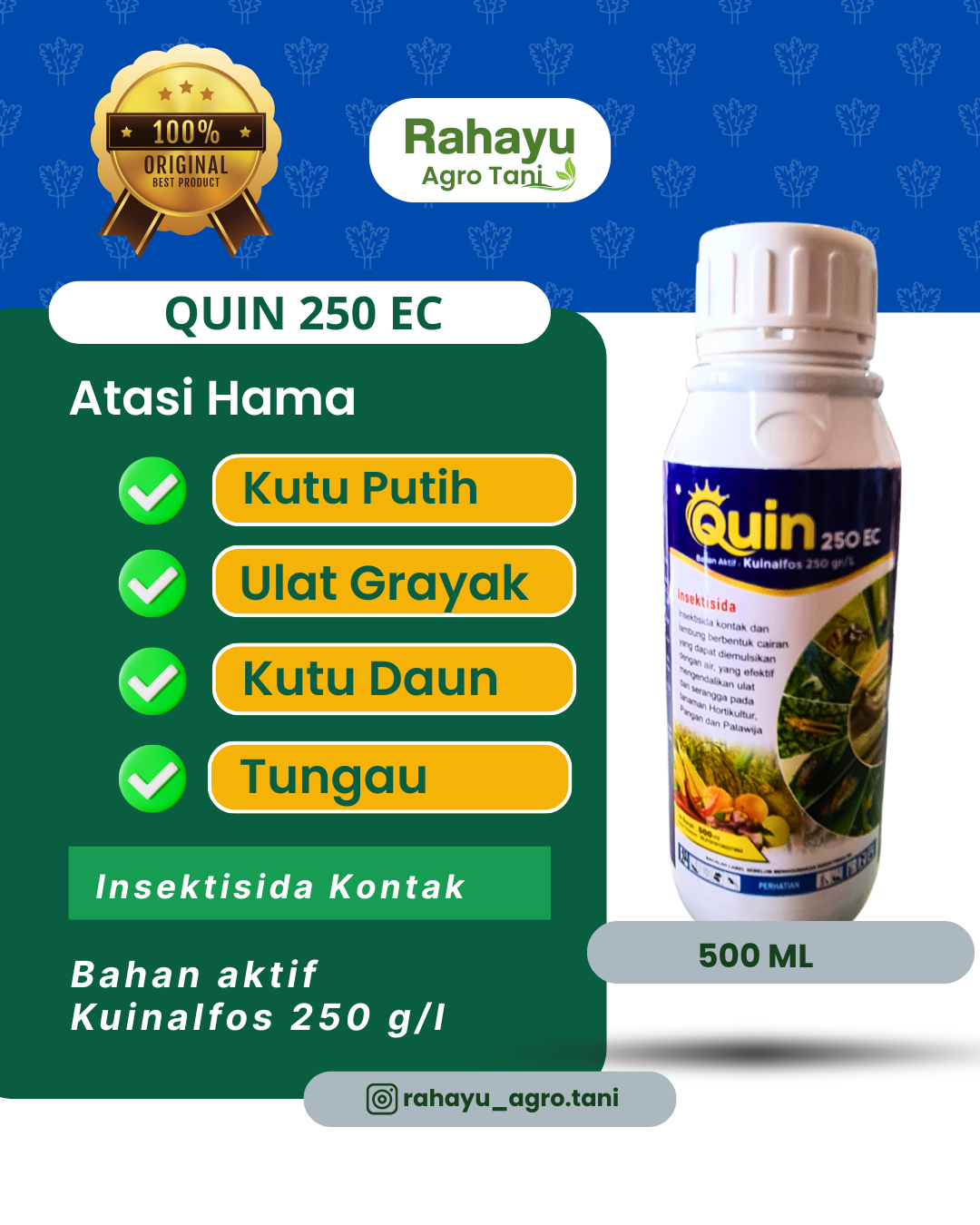 Insektisida Quin 250 EC 500 ML - Bahan Aktif Kuinalfos Pembasmi Kutu & Ulat Grayak