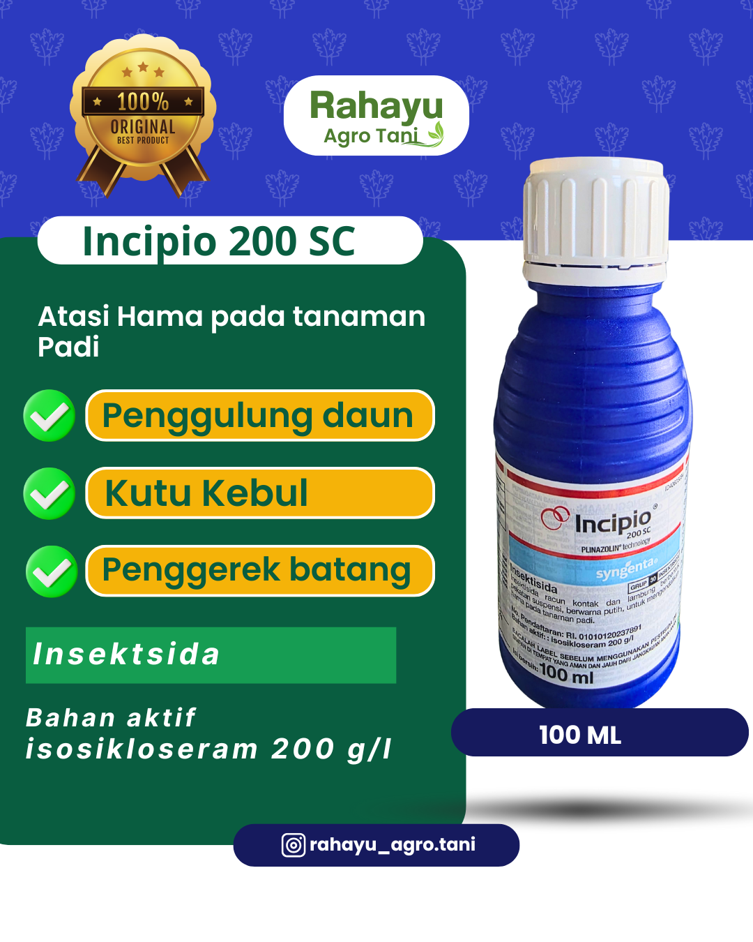 Insektisida Incipio 200 SC 100 ML - Syngenta Teknologi PLINAZOLIN® Atasi Penggerek & Penggulung Daun