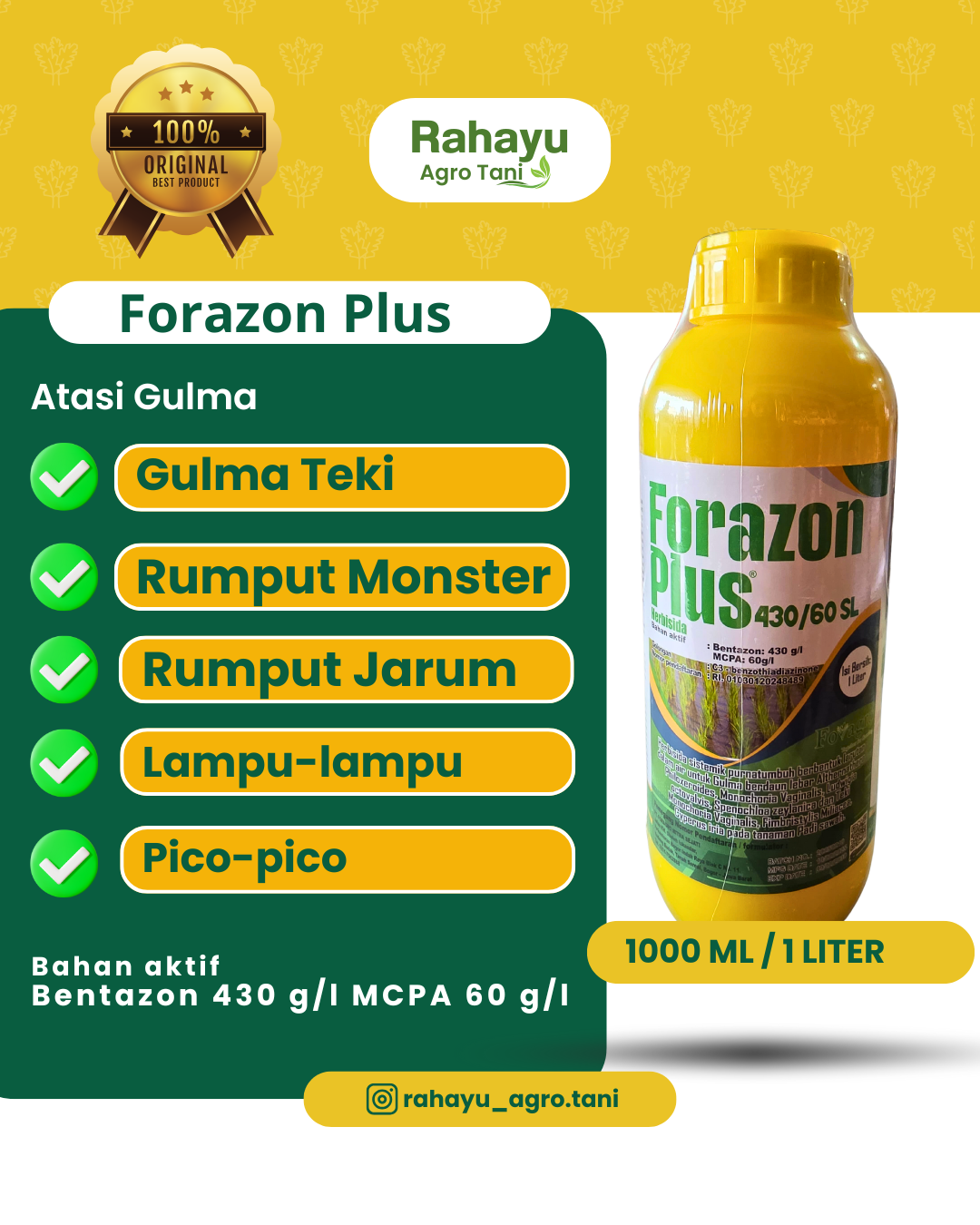 Herbisida Forazon Plus 430/60 SL 1 Liter - Bahan Aktif Bentazon & MCPA Pembasmi Teki & Rumput Monster