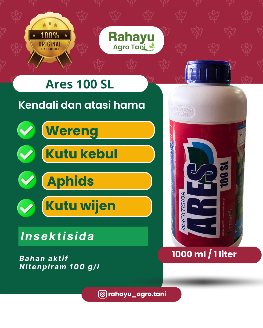 Insektisida Ares 100 SL 1 Liter - Bahan Aktif Nitenpiram Pembasmi Wereng & Kutu Kebul